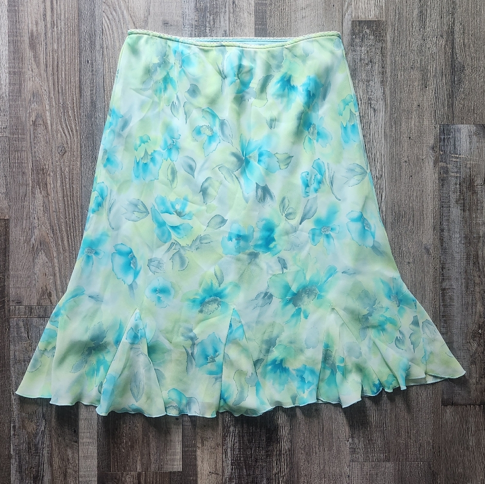 Blue and Green Ruffled Midi Skirt